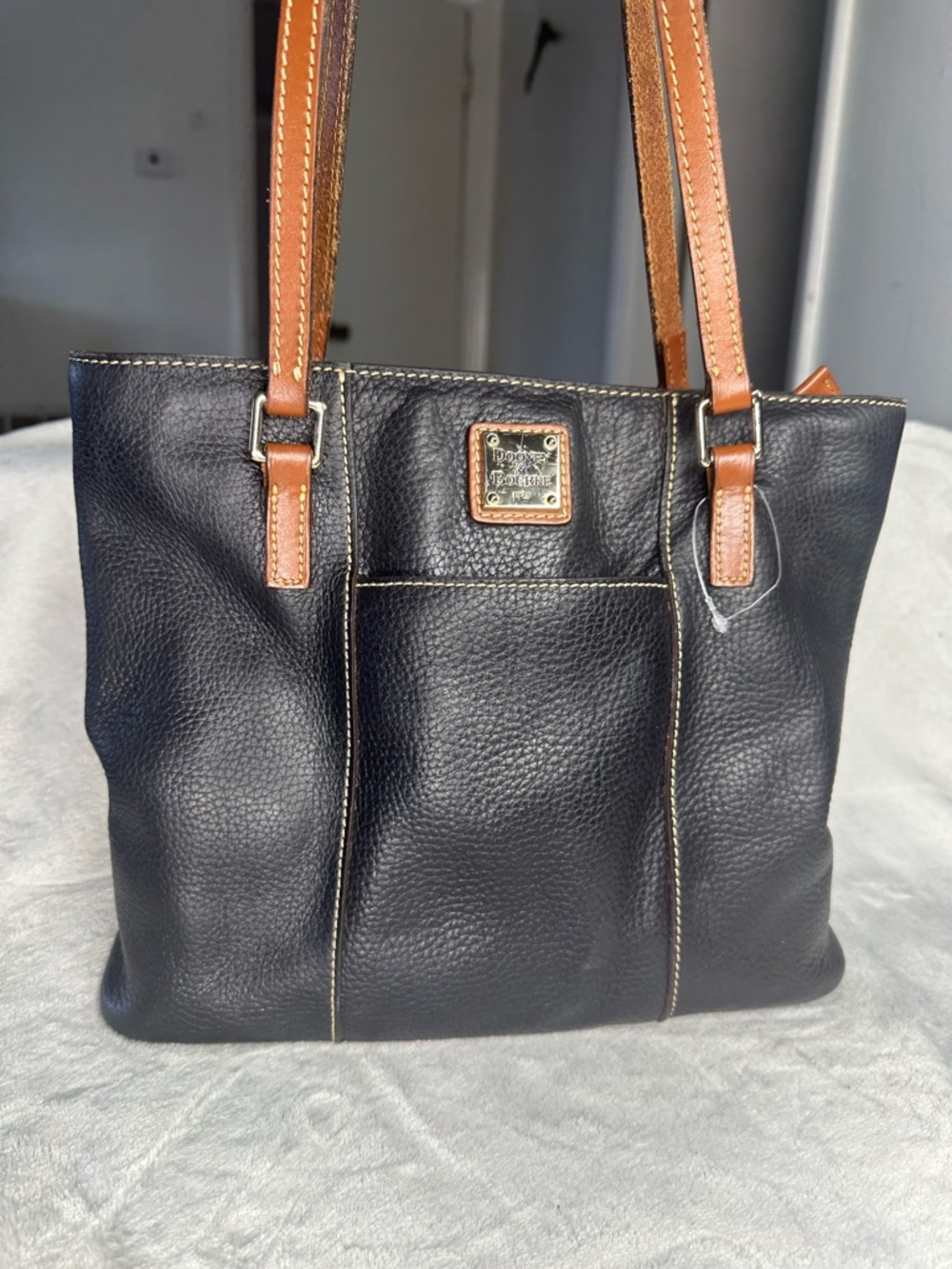 Dooney & Bourke Black Leather Tote with Brown Straps